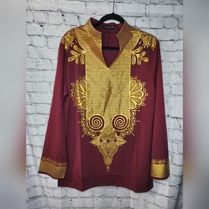 Luc‎ Matton Men's Traditional Dashiki Maroon Gold Shirt Size Small